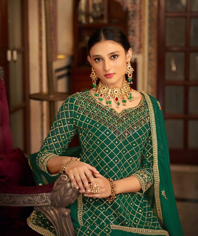 Green Heavy Chinon Semi Stitched Kurta with Bottom & Dupatta - Dhvani
