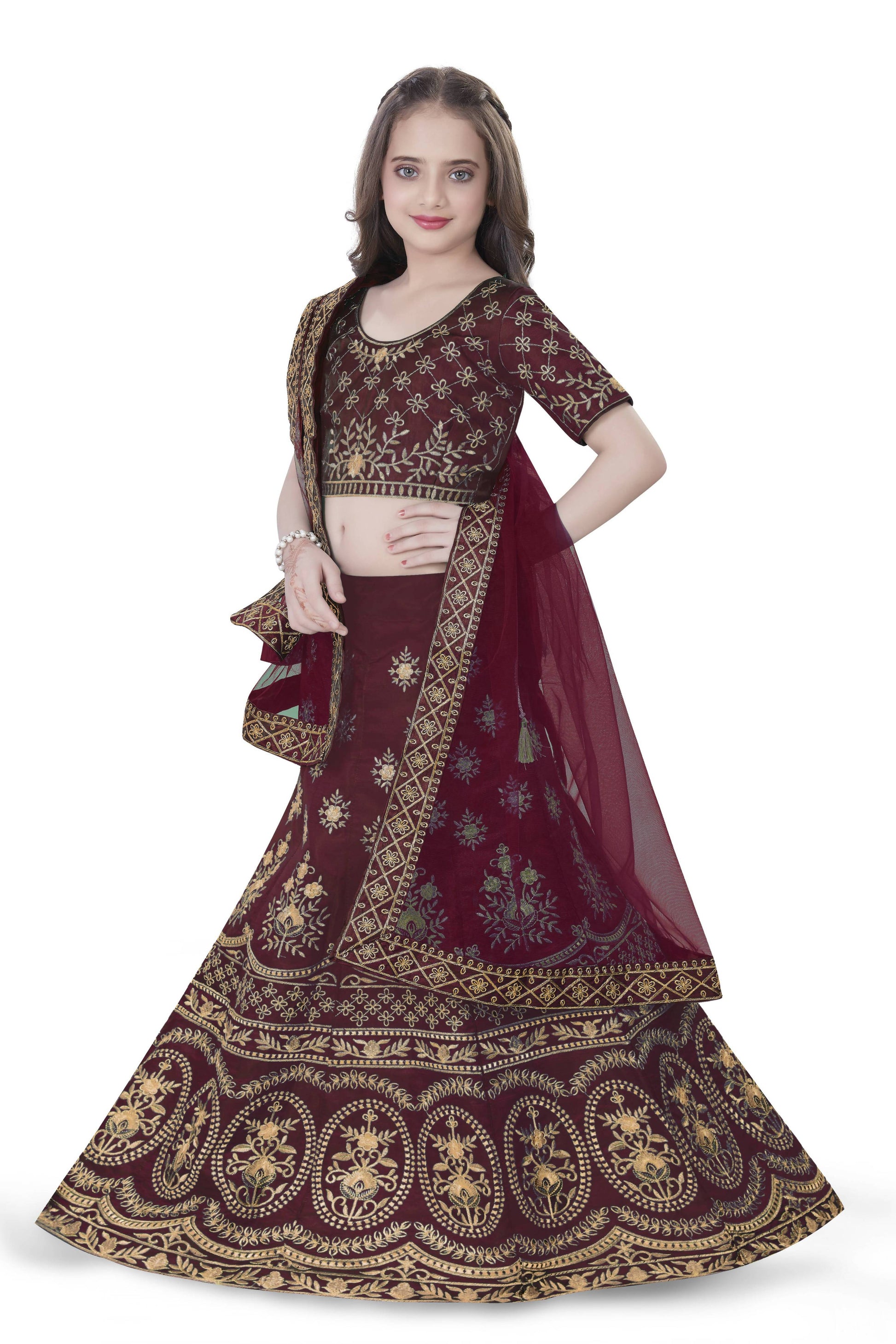 Dwiden Maroon Lehriyu Tafetta Sattin Semi-Stitched Girl's Lehenga Choli
