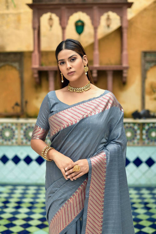 Vishnu Weaves Women's Grey Cotton Silk Zari Woven Butta Work Grab2Buy with Blouse 