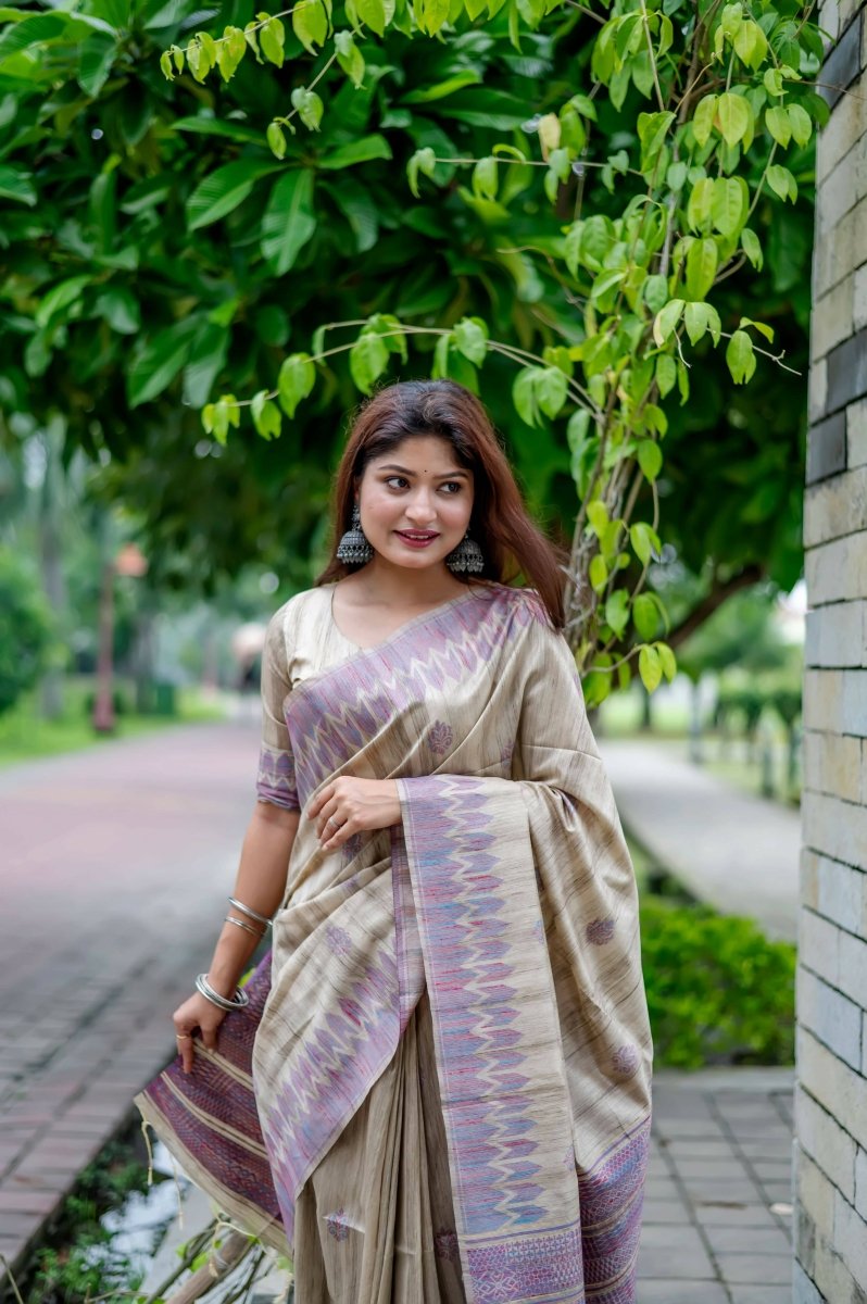 Aastha Fashion Purple Thread Woven Handloom Tussar Silk Saree with Blouse - Grab2buy