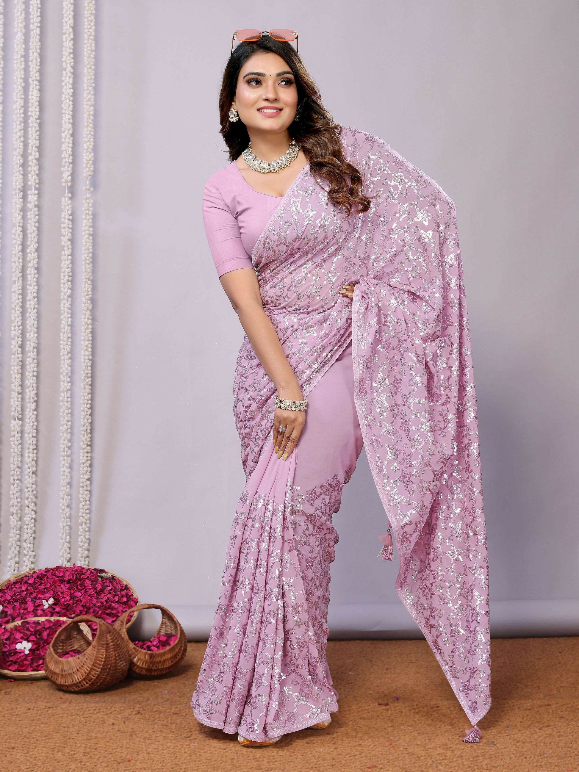 Pink Pure Georgette Embroidered Saree With Stitched Blouse - Nimaya Kaksha