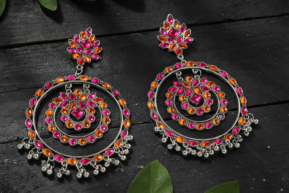 Mominos Fashion Johar Kamal Women's Pink & Orange Kundan Circles Earrings - Grab2buy
