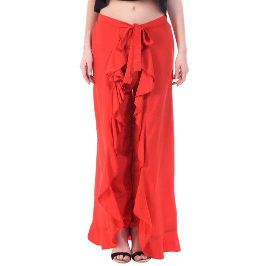 Asmaani Red Color Plain Ruffle Palazzo