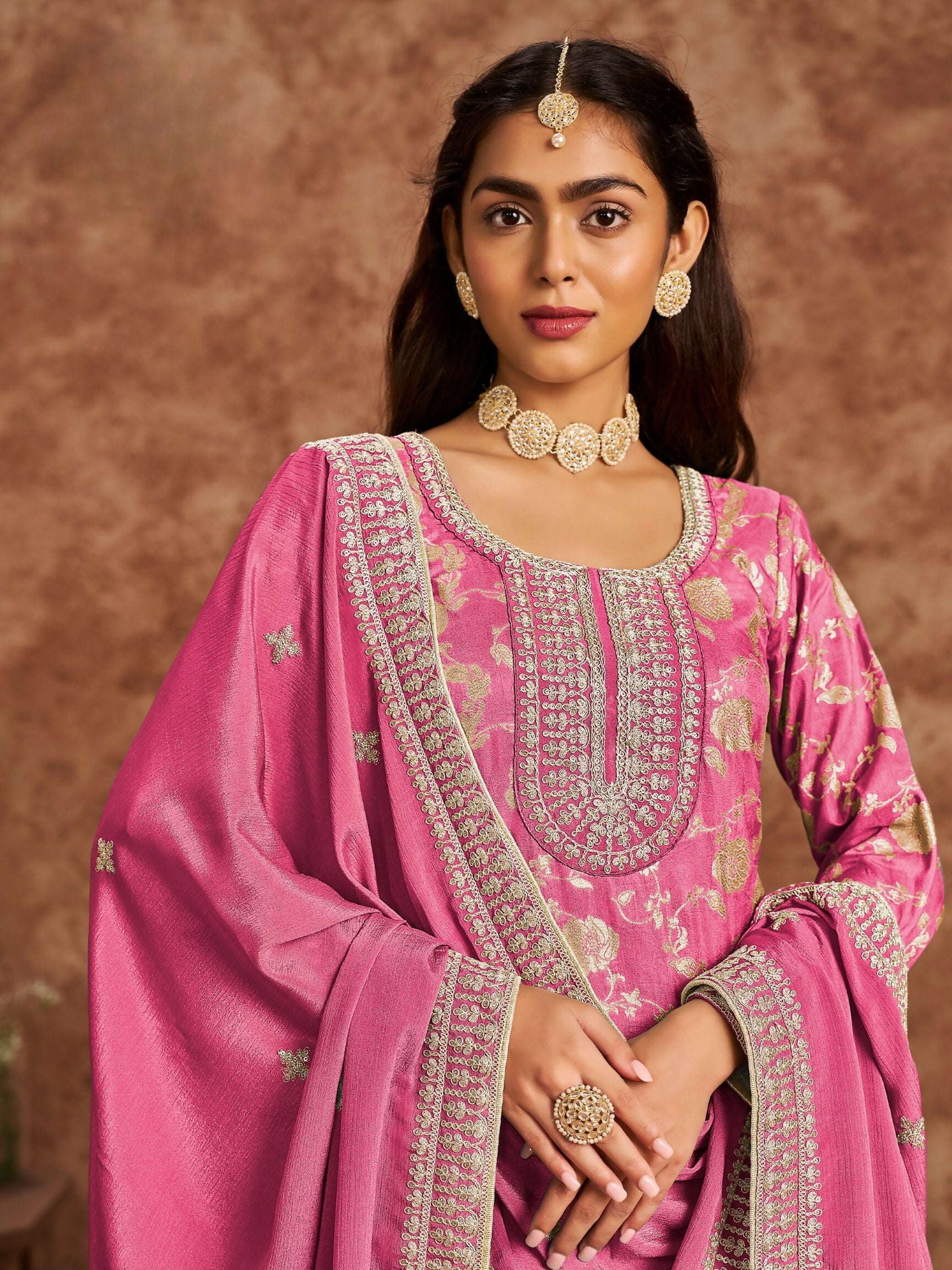 Anaita Pink Premium Dolla Jacquard Embroidered Stitched Salwar Suit