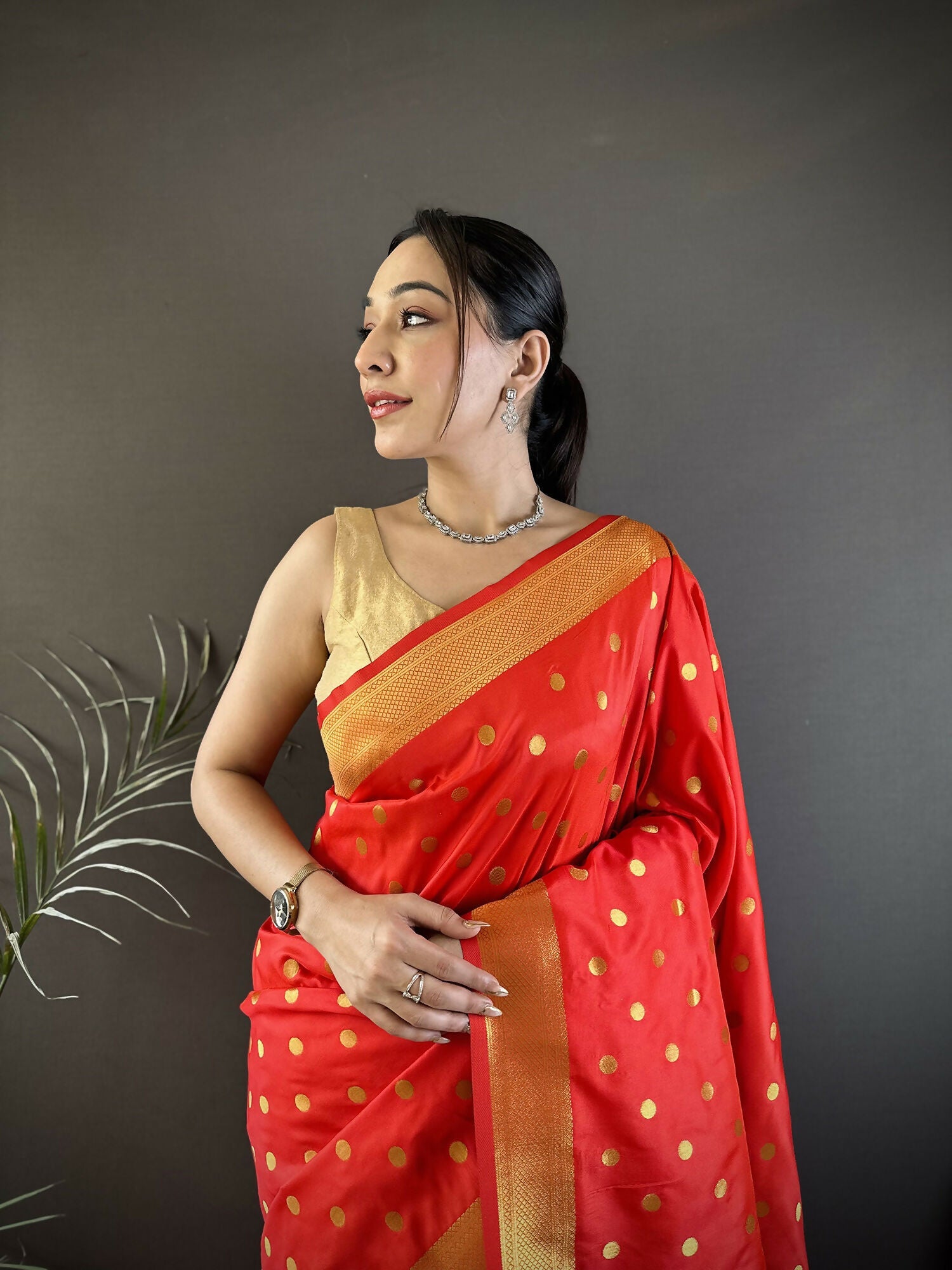 Joban Fashion Red Polka Dot Lichi Silk Paithani Silk Saree