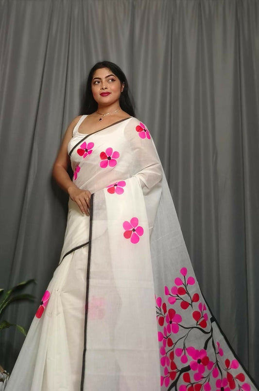 Exclusive Collection Beautiful White Pink Pure Cotton Hand Print Handloom Grab2Buy With Running Blouse Piece 