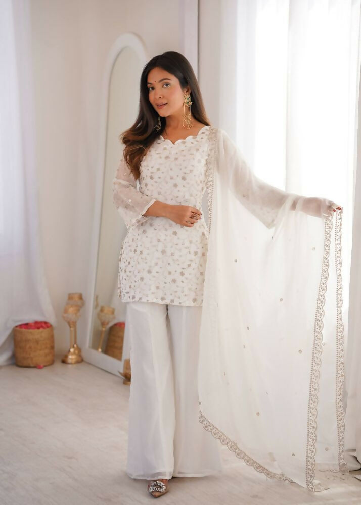 Teeya Creation White Embroidered Short Kurti Sharara Suit Set With Dupatta