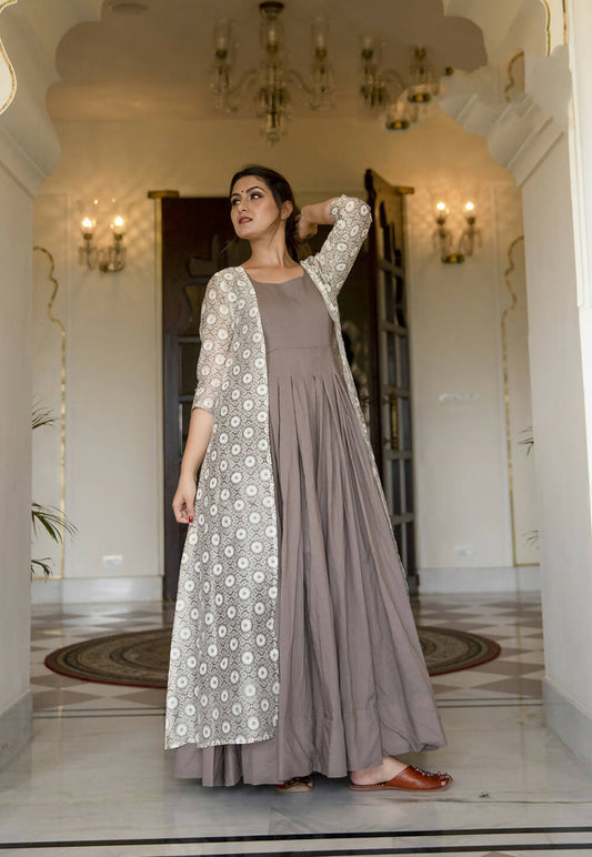 Partywear Designer Digital print Grey Maslin Gown - Anbazaar - Grab2buy