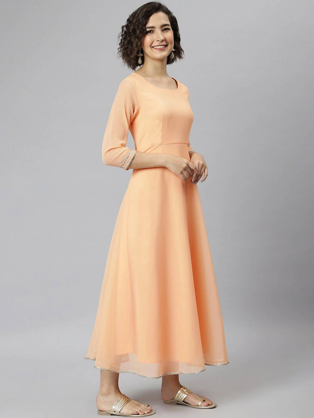 Janasya Women Peach-Coloured Flared Sleeves Georgette Anarkali Kurta