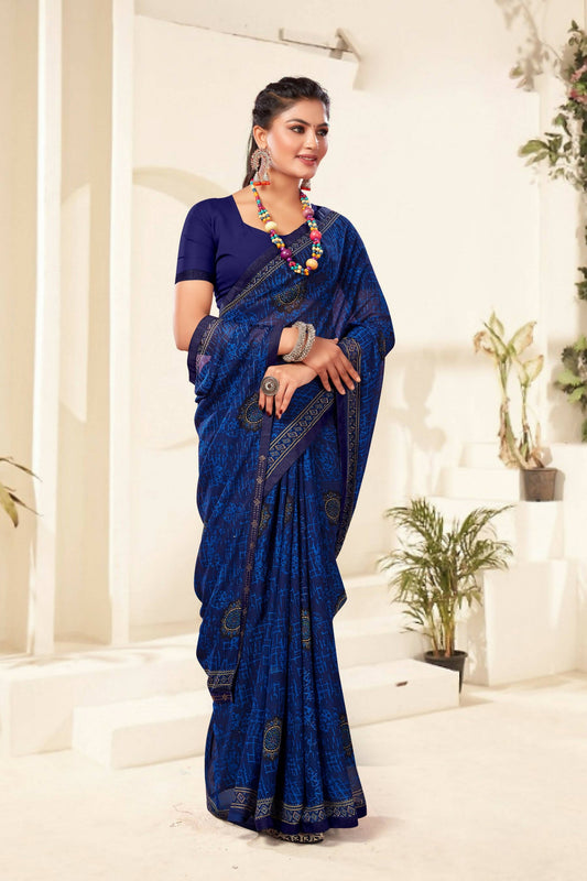 Navy Blue Georgette Texture Printed Saree with Unstitched Blouse Piece - Akansha