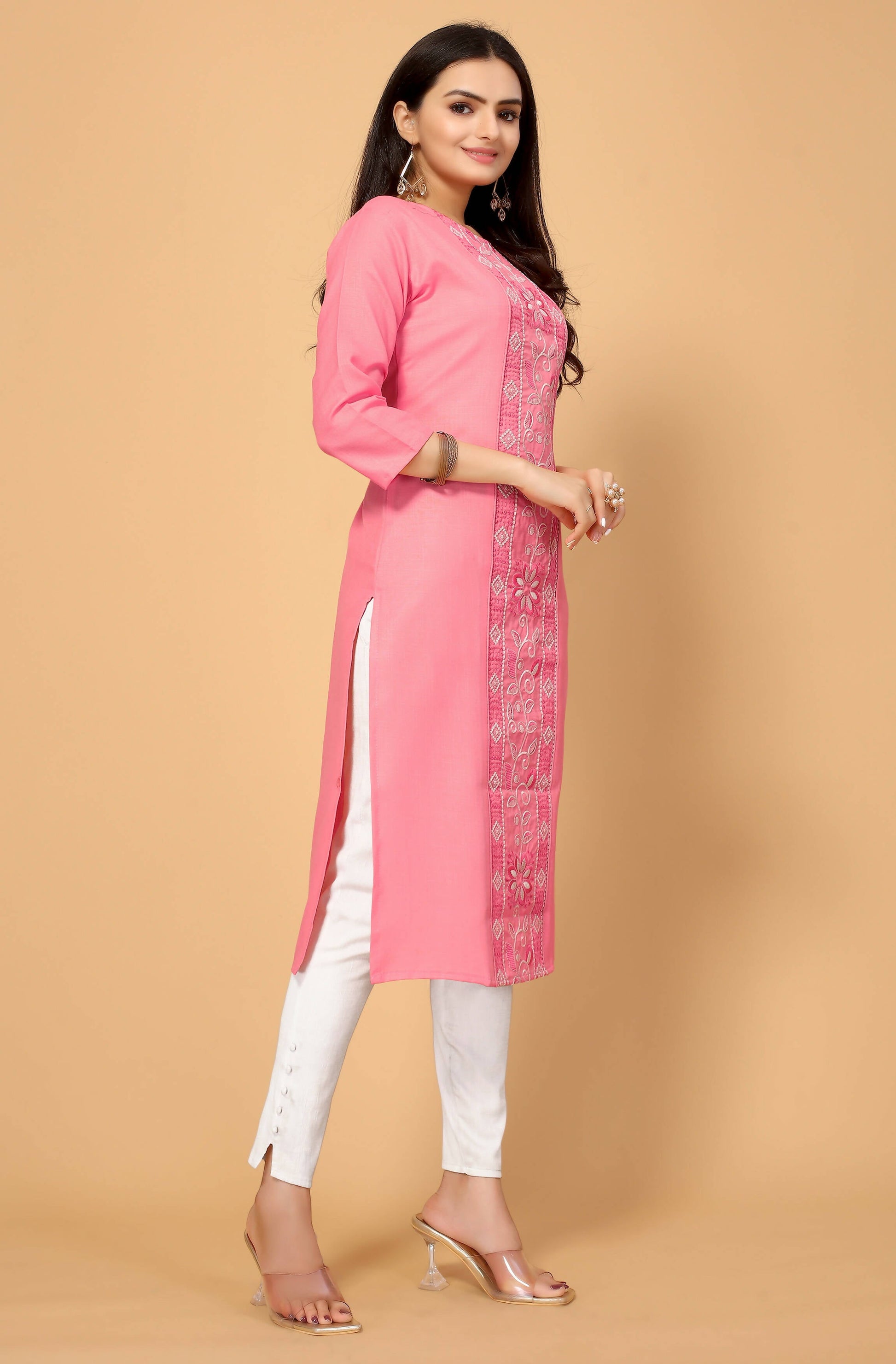 Light Pink Cottan Slub Embroidery Kurti - Umi