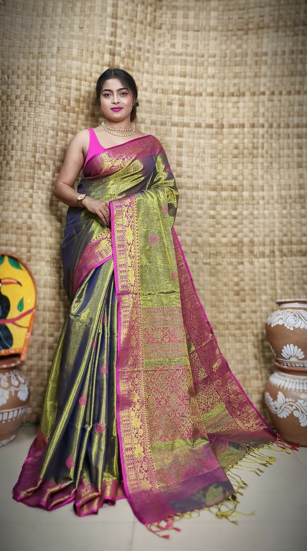 Exclusive Collection Golden Olive Beautiful Tissue Benarasi Grab2Buy 