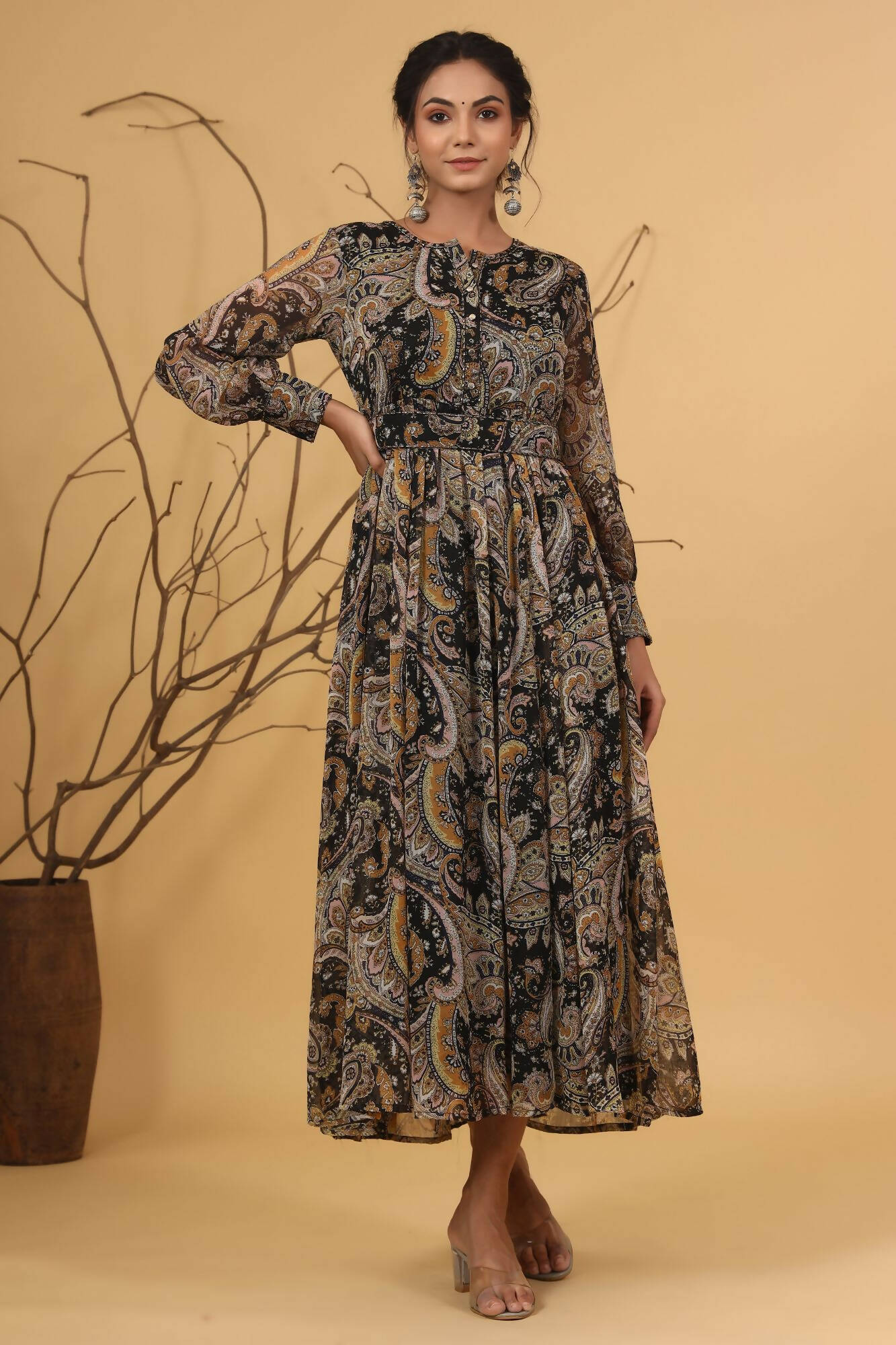 Juniper Women Black Chiffon Printed Flared Dress 