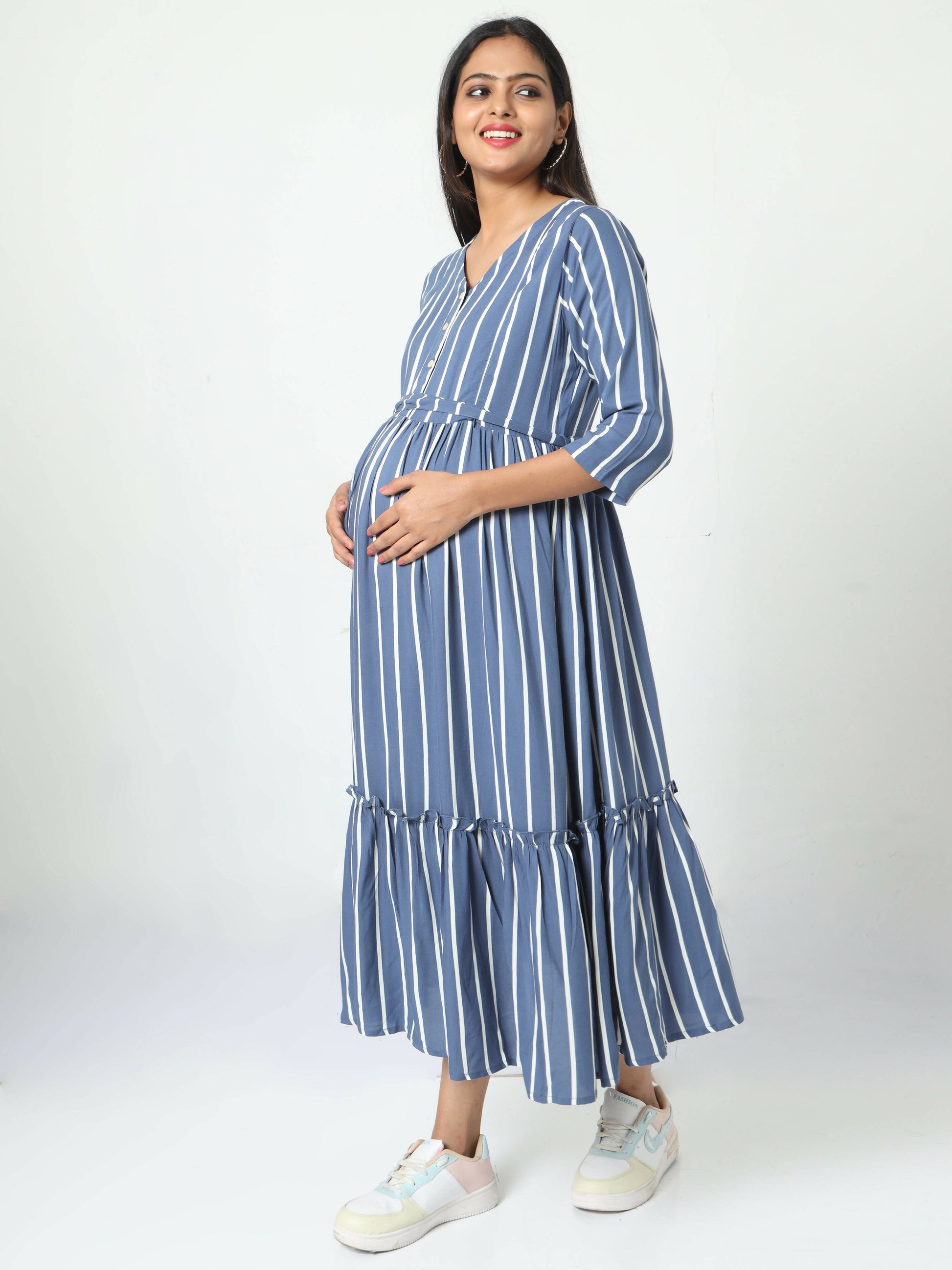 Manet Three Fourth Maternity Dress Striped With Concealed Zipper Nursing Access - Blue