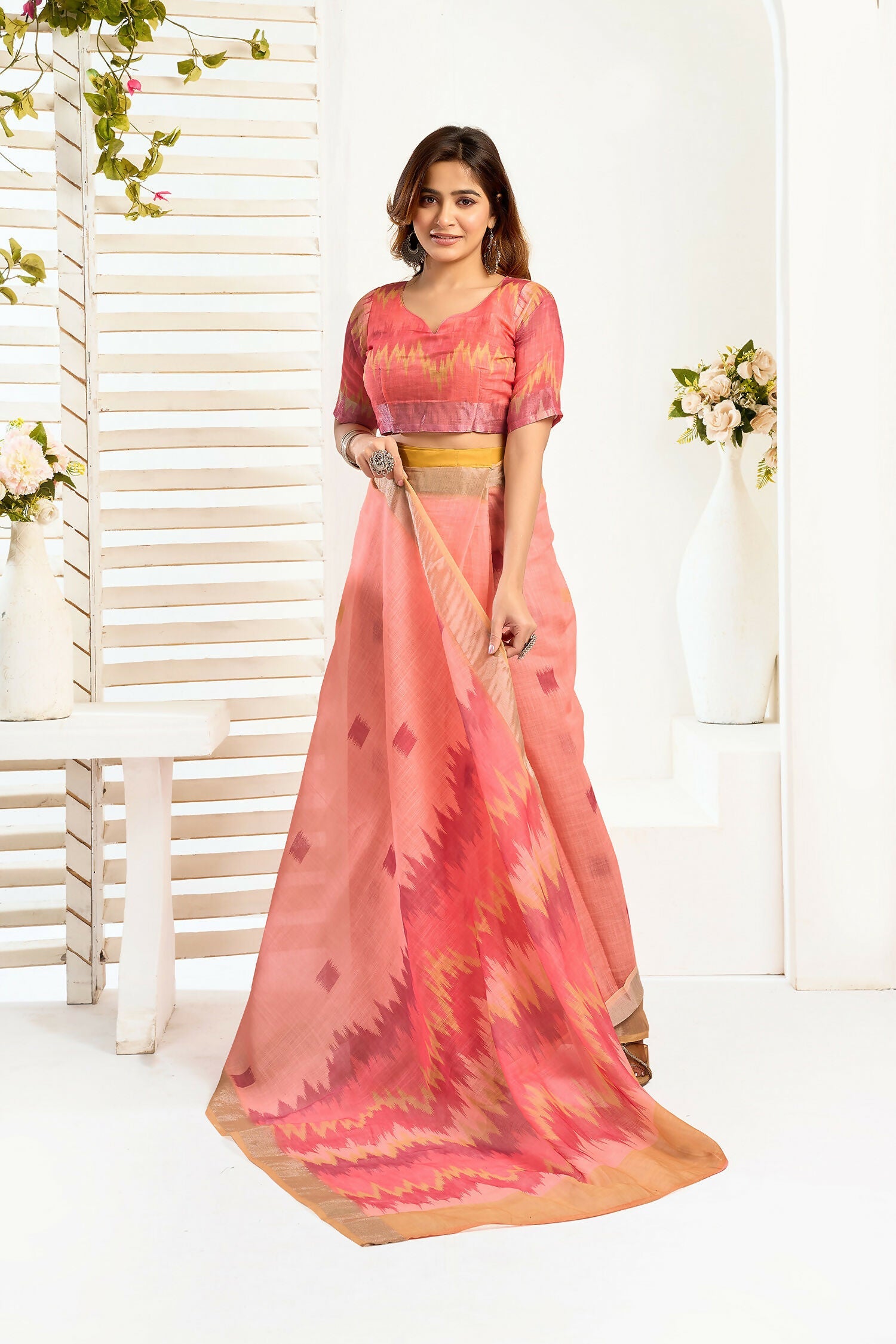 Joban Fashion Peach Ikkat Linen Ready To Wear Saree With Unstitched Blouse
