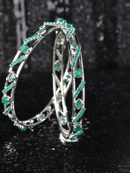 Priyaasi Women Set Of 2 Silver-Plated Emerald Studded Bangles | Grab2Buy