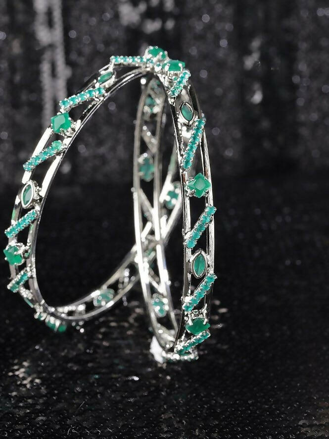 Priyaasi Women Set Of 2 Silver-Plated Emerald Studded Bangles 