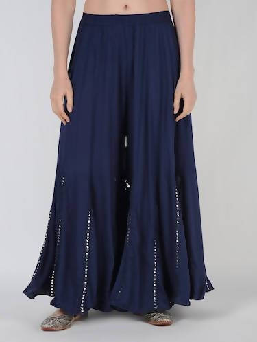 Mominos Fashion Navy Blue Viscose Rayon Flared Palazzo with Mirror Lace Work - Grab2buy