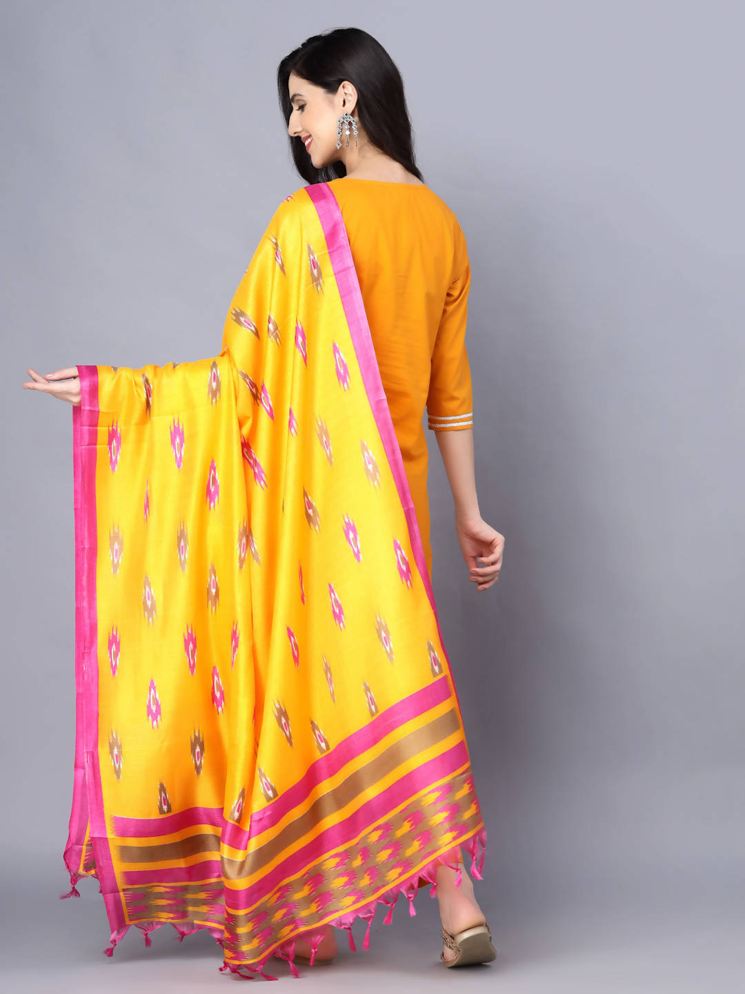 Myshka Women Mustard Yellow Pure Cotton Kurta with Trousers With Dupatta