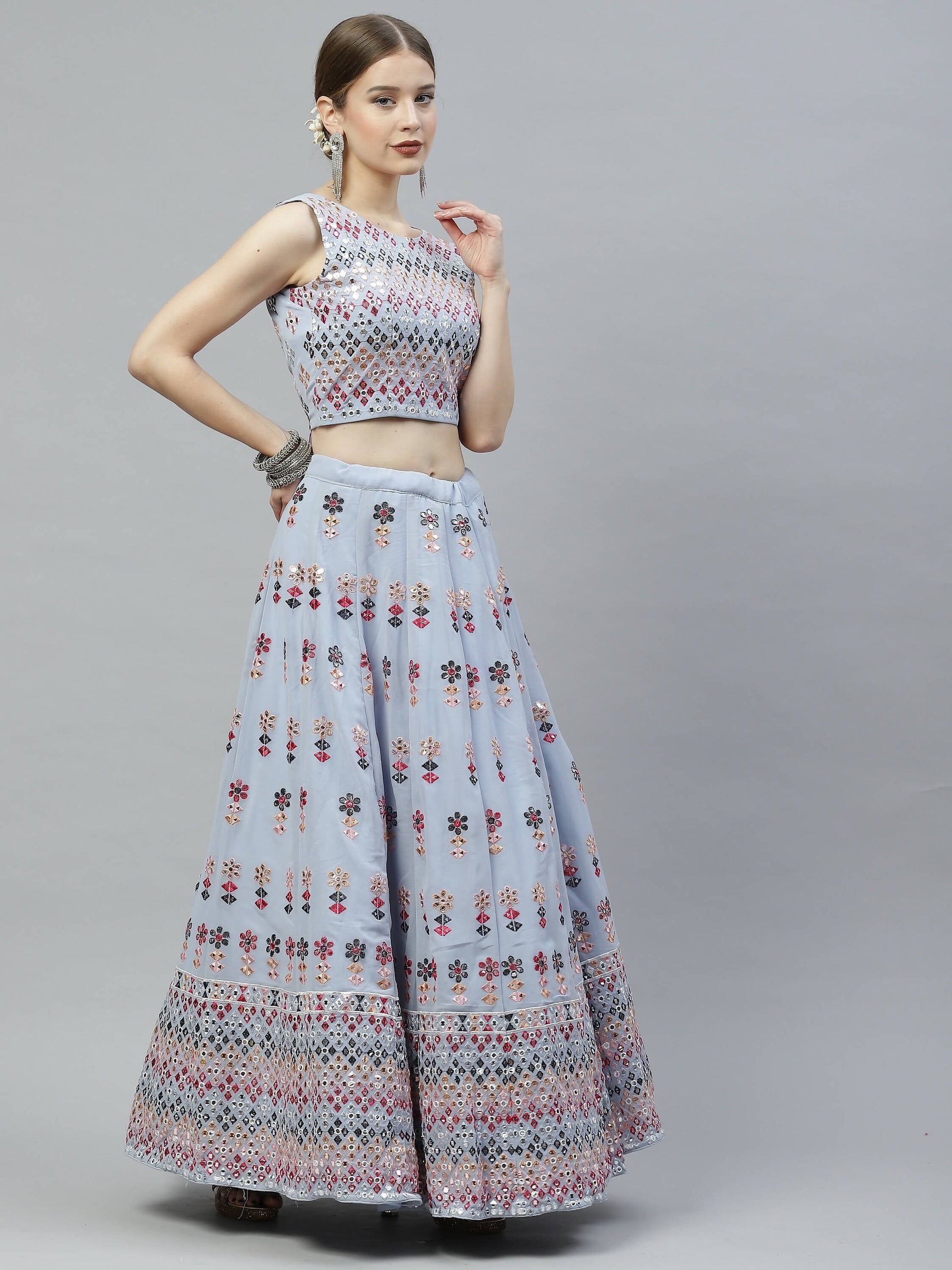 Sky Blue Georgette Heavy Embroidery mirror Work Lehenga Choli with Dupatta - Jivika
