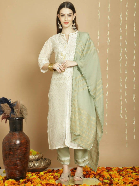 Aastha Fashion Women's Off White Chanderi Silk Elegant Jardoshi Kurta with Trouser & Dupatta - Grab2buy
