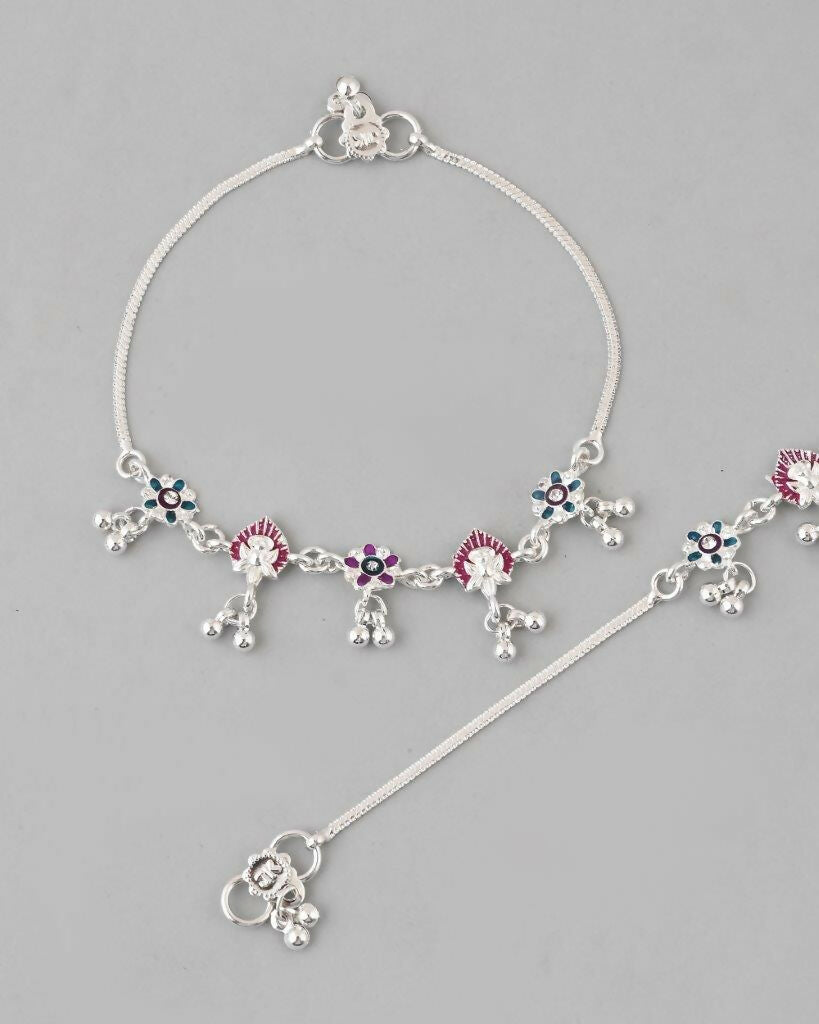 VOJ Set of 2 Silver Plated Designer Multi Color Anklet 