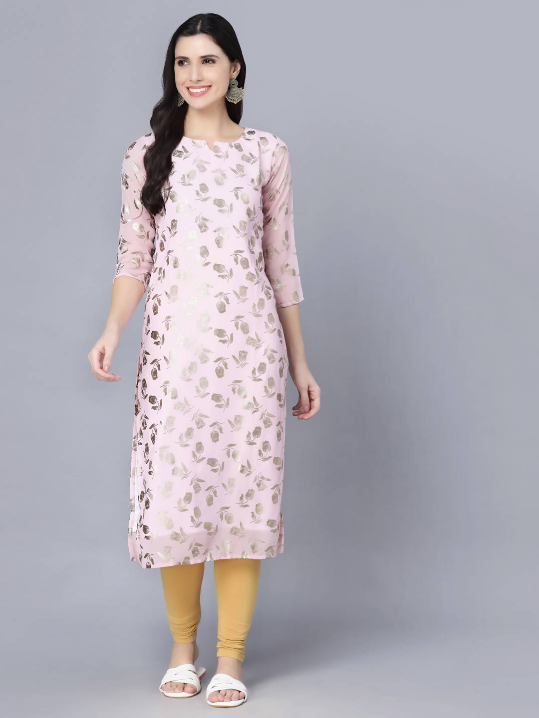 Myshka Women Pink Floral Printed Gotta Patti Georgette Kurta