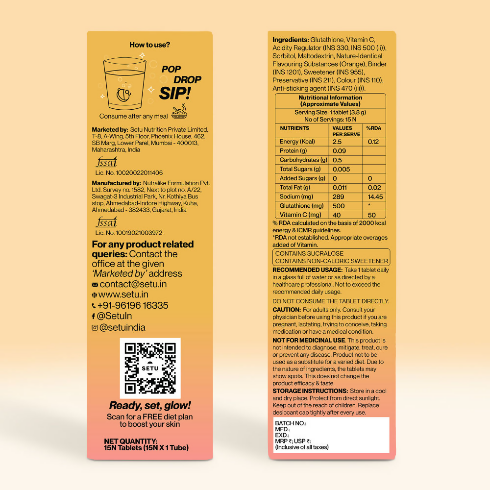 Setu Skin Renew Glutathione With Vitamin C Effervescent Tablets - Orange Flavor Genie India