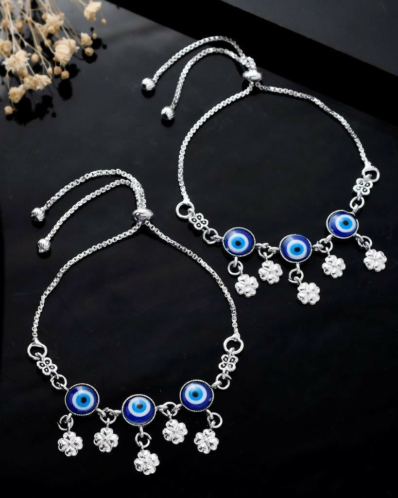 VOJ Set Of 2 Silver Plated Evil Eye Handcrafted Anklets 