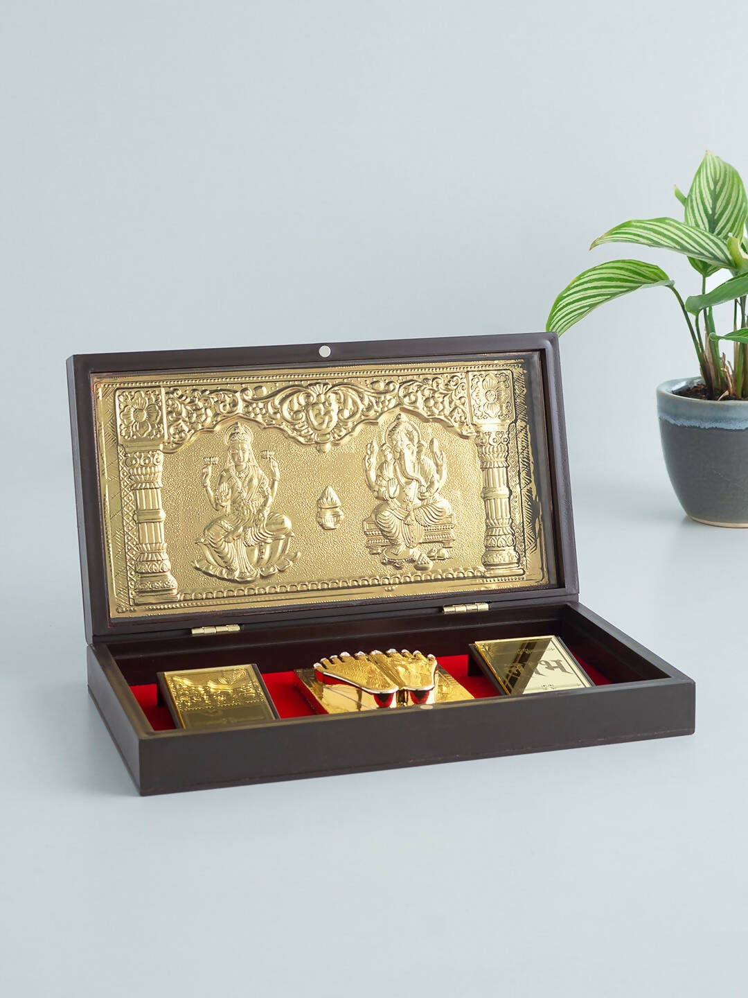 Golden Peacock Brown & Gold-Toned 24 Ct Gold Foil Laxmi And Ganesh Pooja Box 