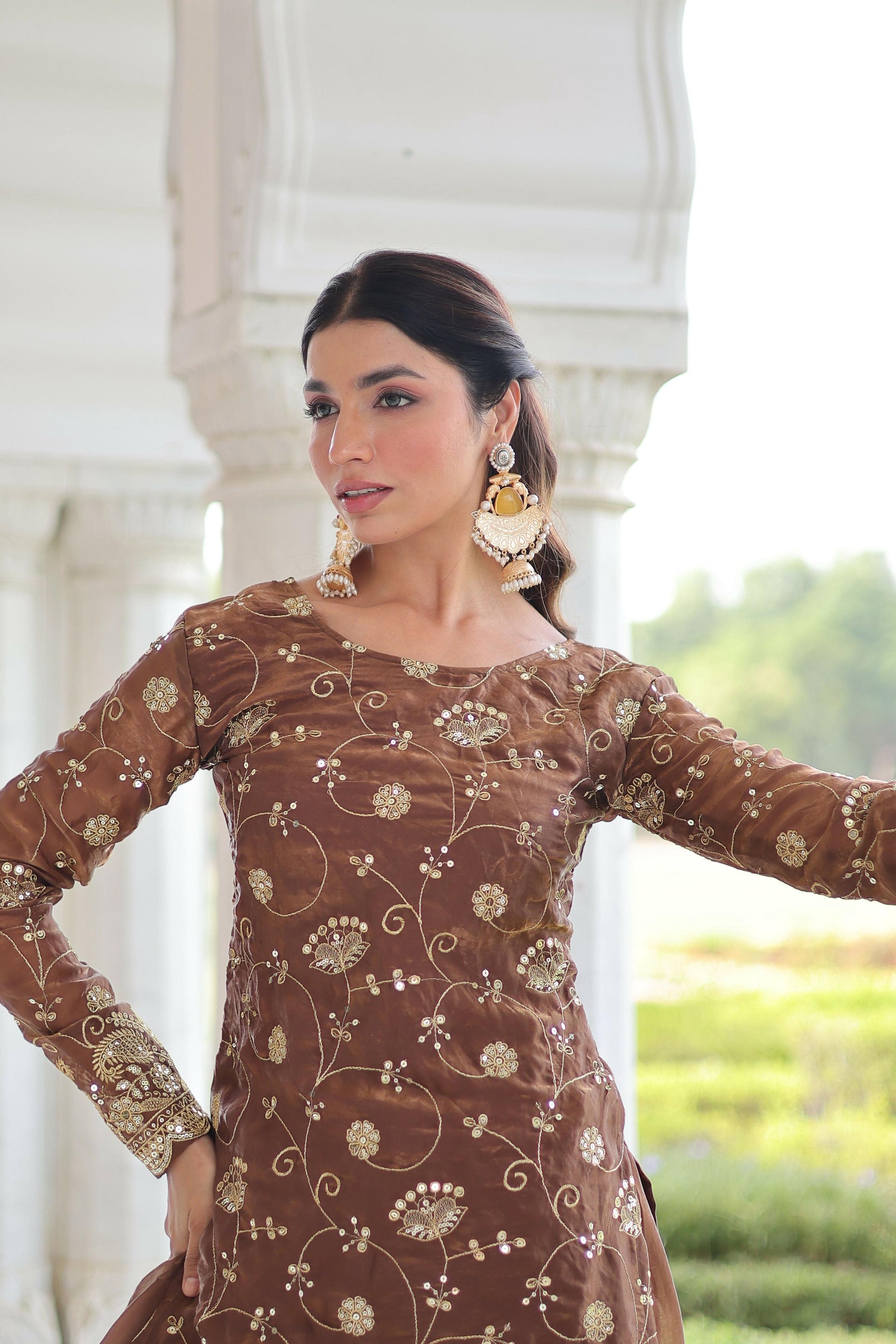 Joban Fashion Coffee Readymade Kurta Set With Sequence embroidery Work