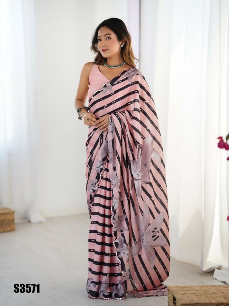 Pink Chinon Designer Digital Printed,Mirror Cut Work Saree - Manvika