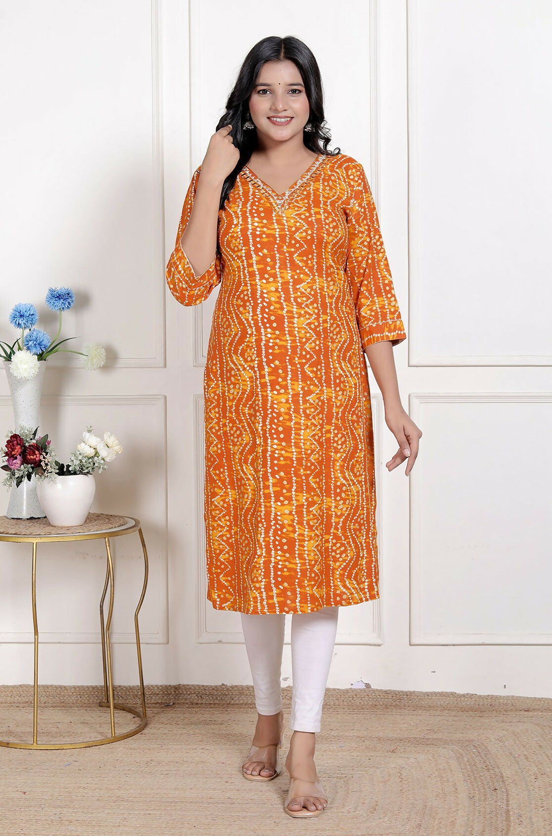 Miravan Womens Yellow Bandhani Printed Straight Kurti | Grab2Buy