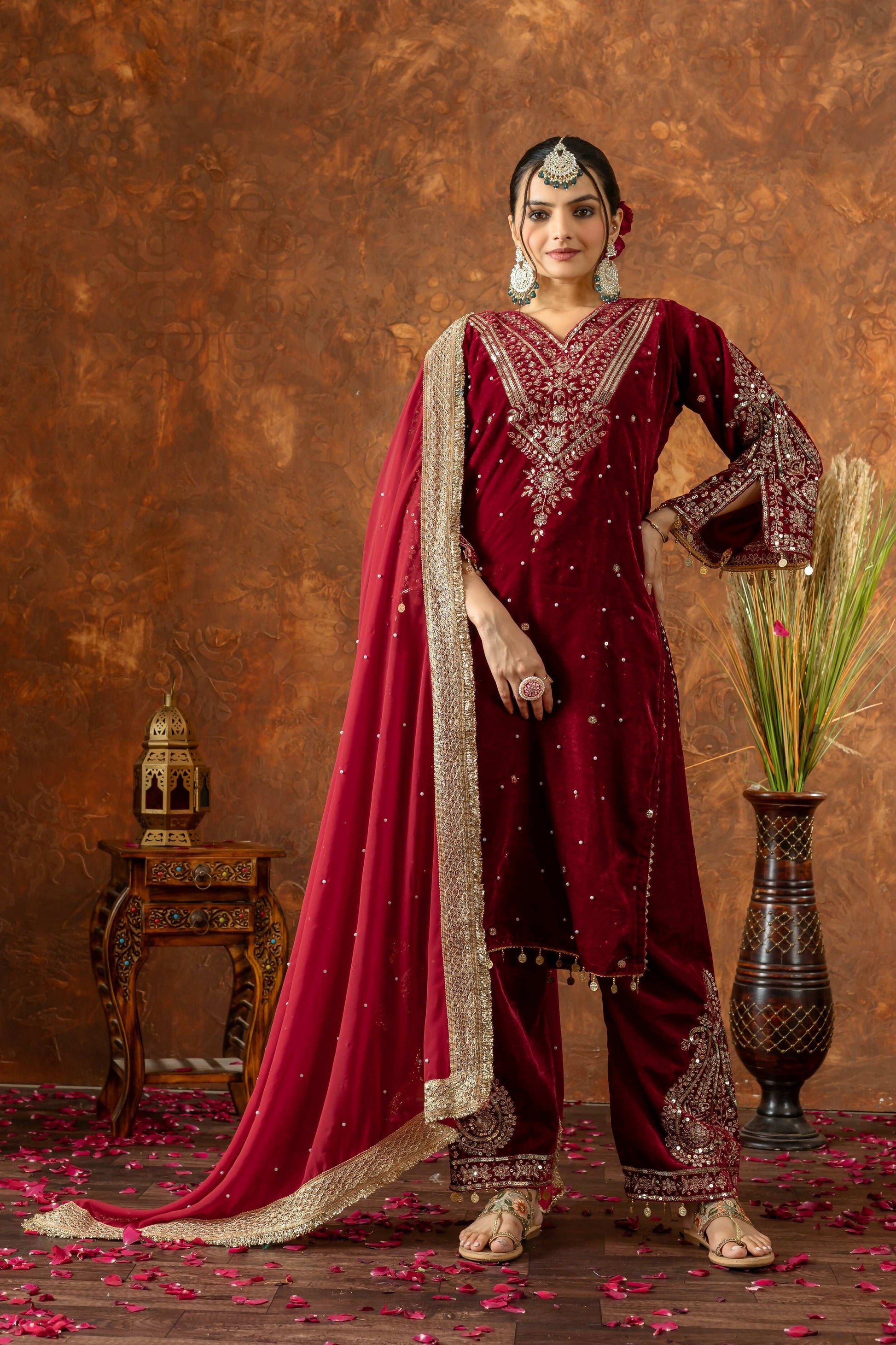 Teeya Creation Red Color Velvet Silk Embroidery Work Party Wear Suit
