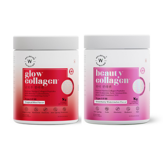 Wellbeing Nutrition Glow Korean Marine & Beauty Collagen Peptides Combo: Tropical Bliss & Strawberry & Watermelon  Grab2Buy Wellbeing Nutrition Grab2Buy