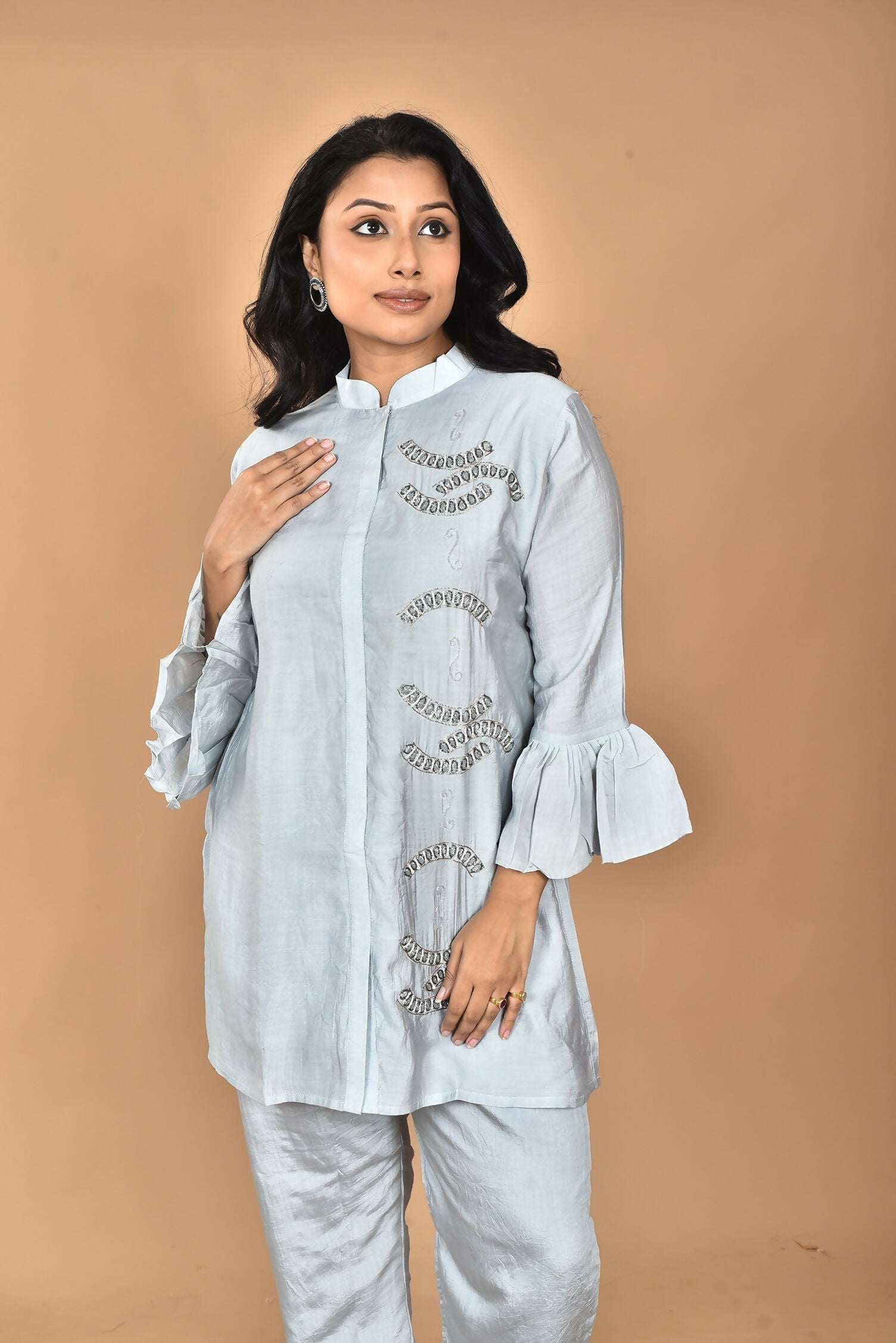 Morchari Women Hand Embroidery Co-Ords-Grey 