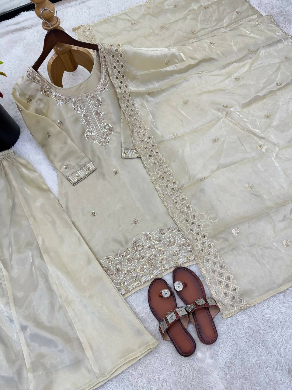 Teeya Creation Womens New Trendy Stylish Embroidery Beads Work Palazzo Kurta Set -Cream