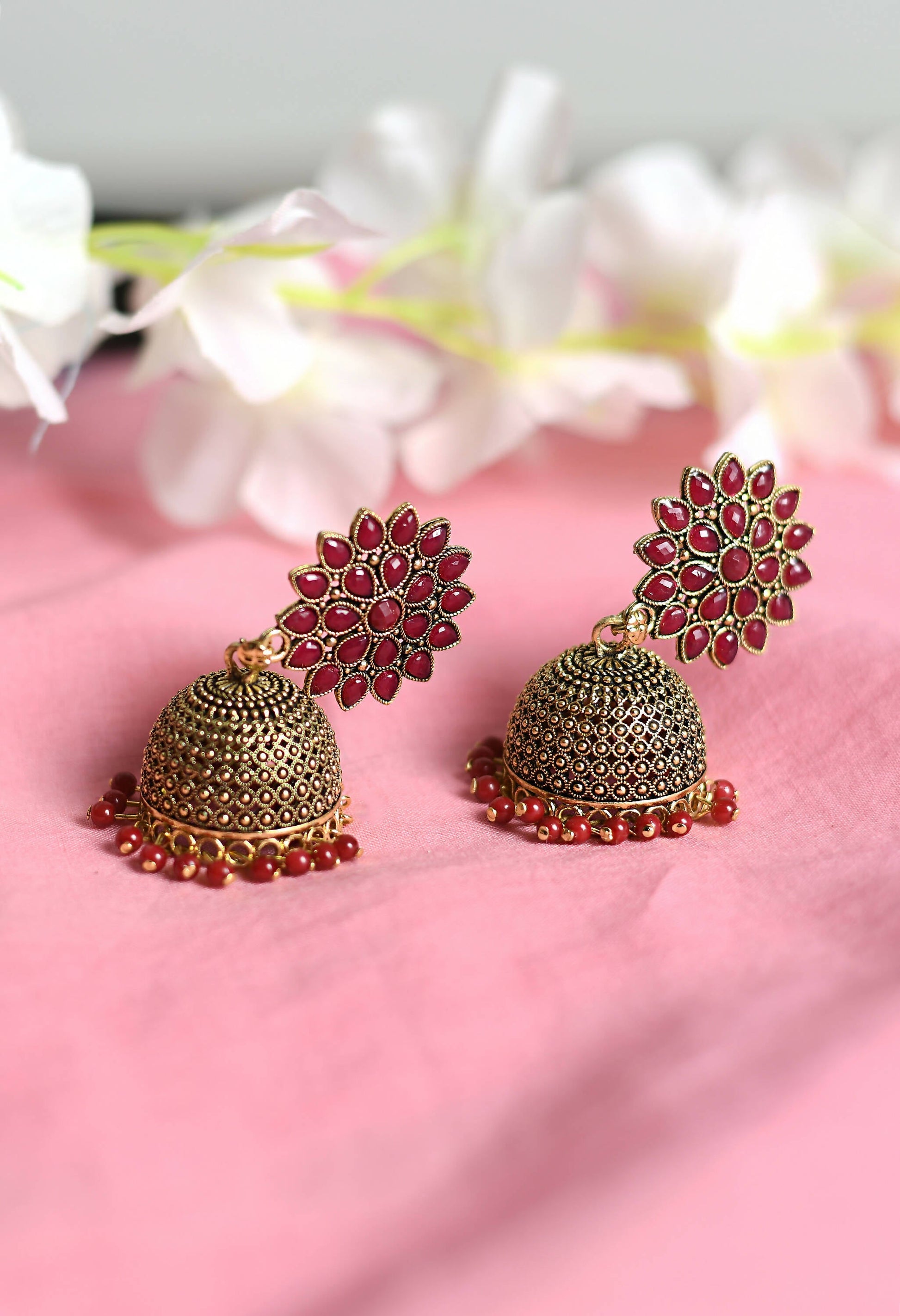 Mominos Fashion Joharkamal Kundan work Jhumka with Maroon Beads - Grab2buy