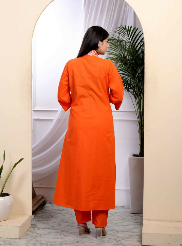 Miravan Women's Orange Cotton Embroidered A-Line Kurta And Palazzo With Dupatta Set