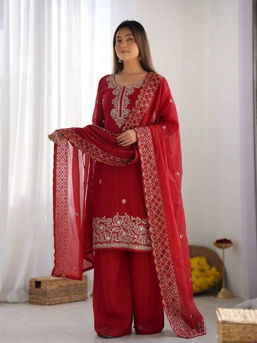 Teeya Creation Womens New Trendy Stylish Embroidery Beads Work Palazzo Kurta Set -Red