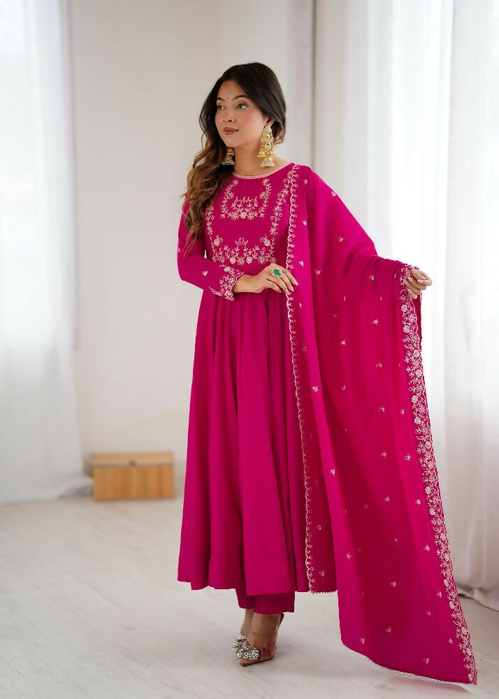 Joban Fashion Dark Pink Kurta Set Chanderi Sequence Embroidery Work 