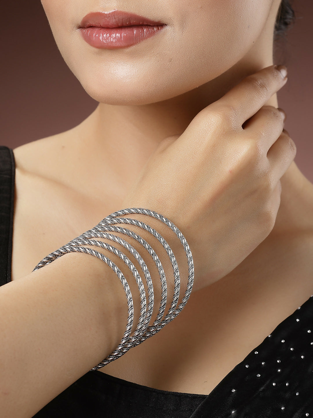 NVR Women's Set of 6 Silver-Toned German Silver Oxidised Bangles