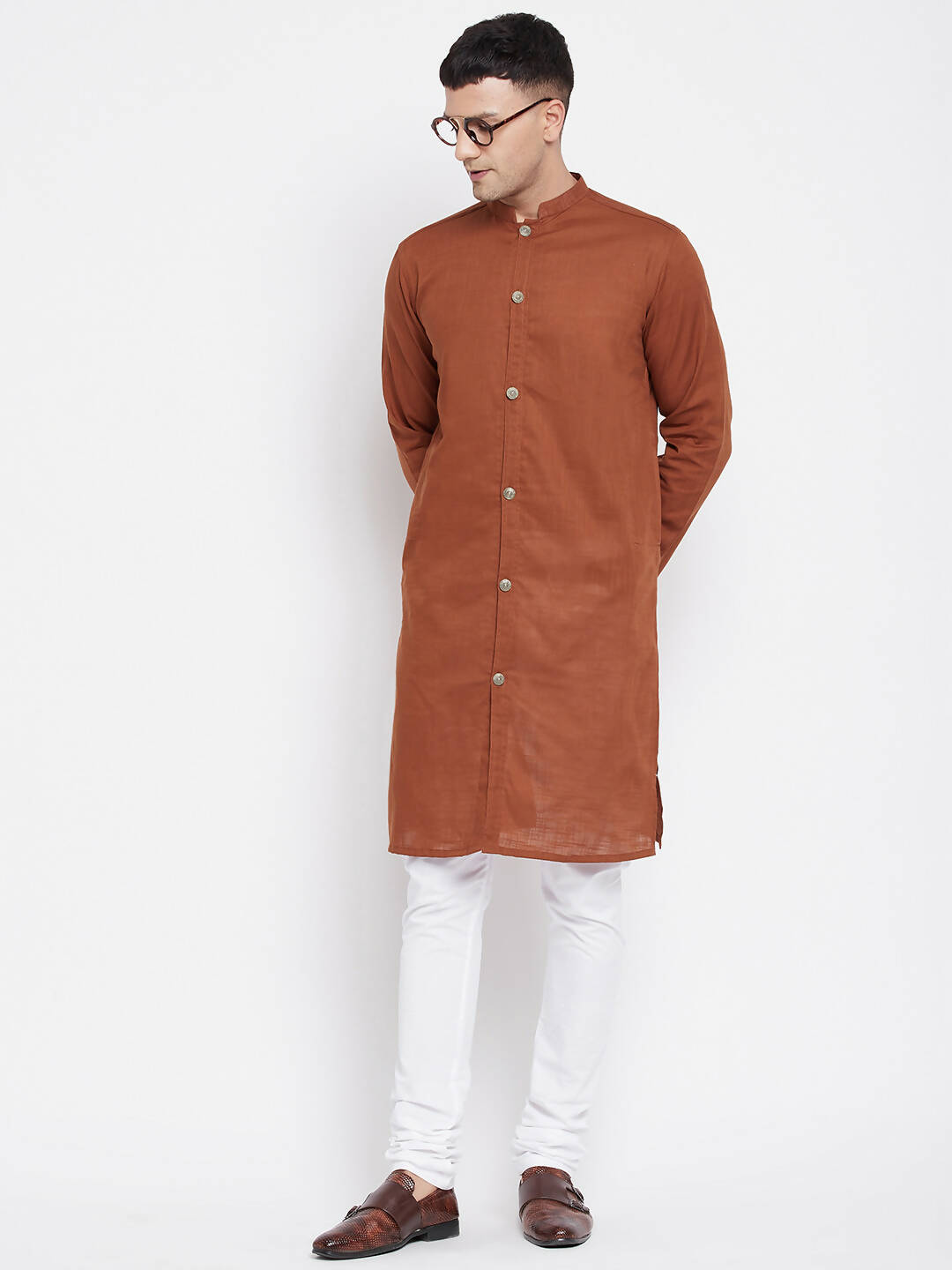Even Apparels Brown Pure Cotton Men's Sherwani Kurta With Open Front 
