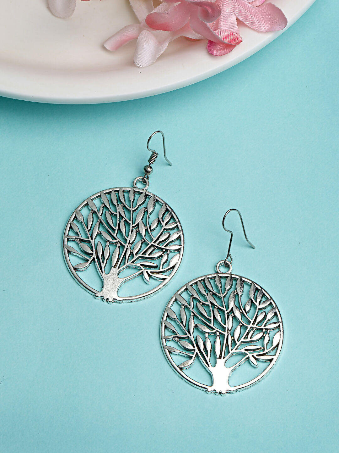 NVR Women's Silver-Toned Circular Shape German Silver Oxidised Drop Earrings