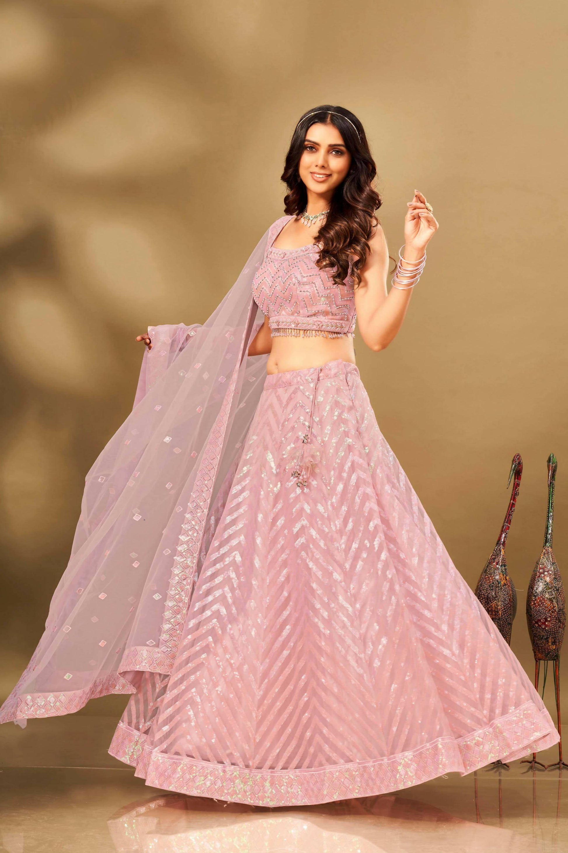 Pink Net Sequence work Lehenga Choli with Dupatta - Dhvani
