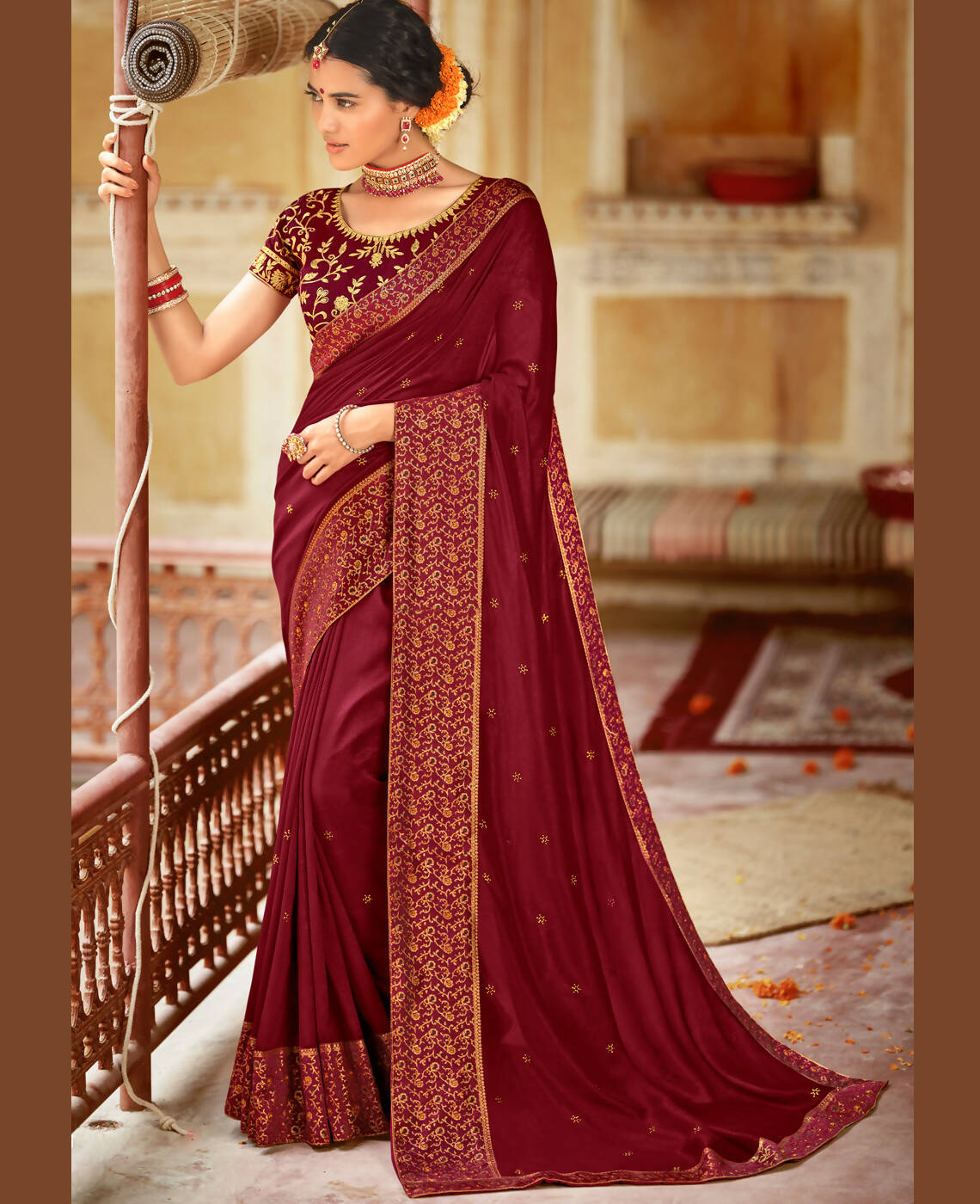 Maroon Vichitra Stone Work Saree With Unstitched Blouse Piece - Rosy