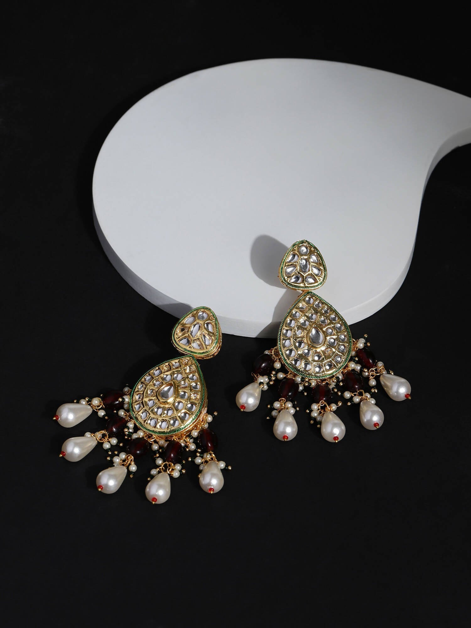 Gold-Toned White Kundan Contemporary Gold-Polished Jhumkas Earrings - Ruby Raang | Swadesiicart