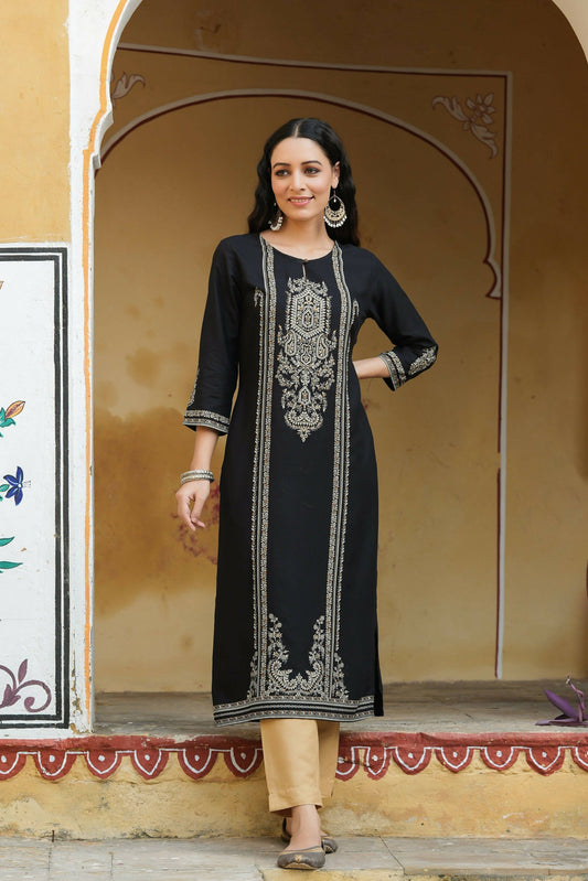 Juniper Women's Black Rayon Printed Straight Kurta