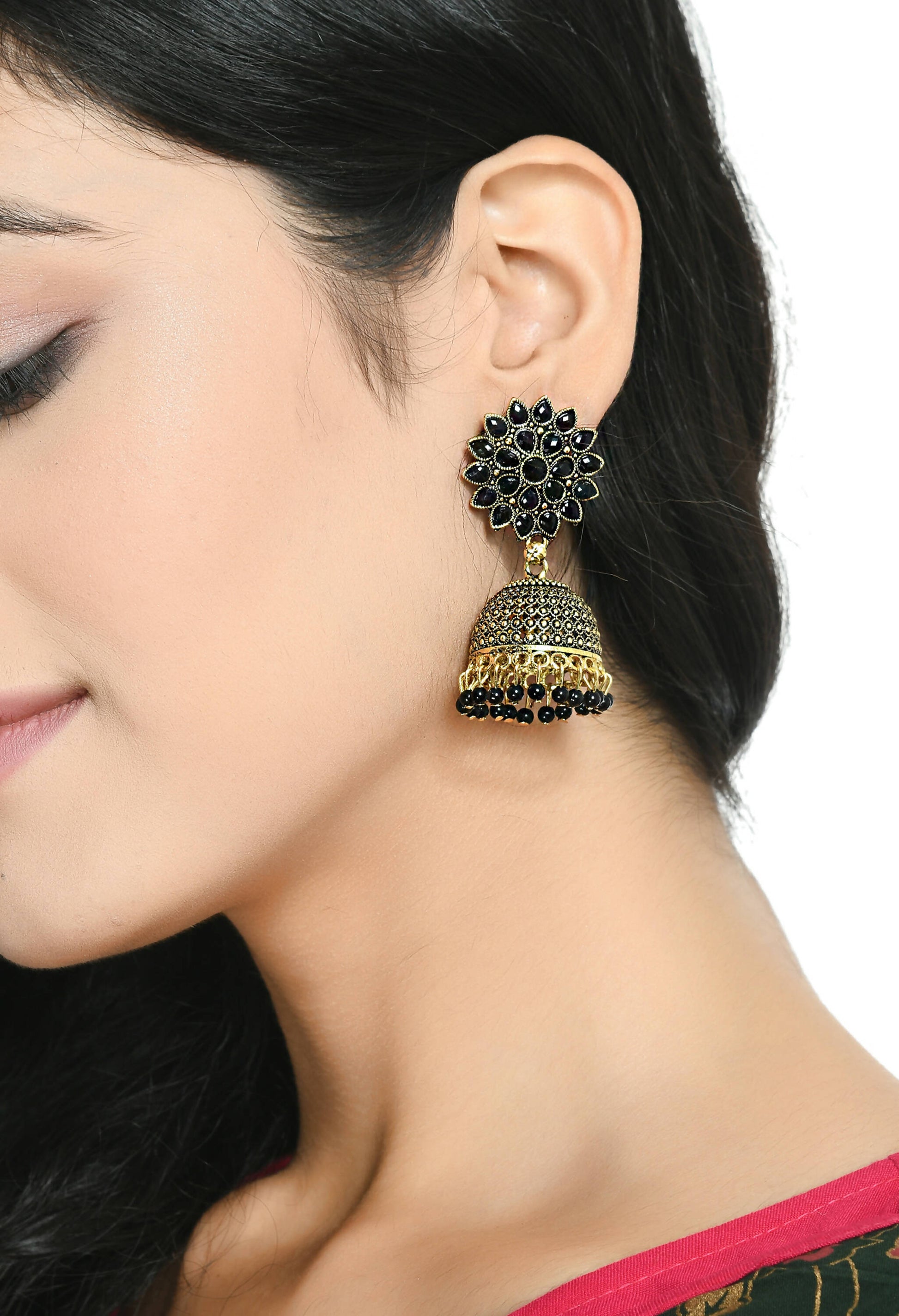 Mominos Fashion Joharkamal Kundan work Jhumka with Black Beads - Grab2buy