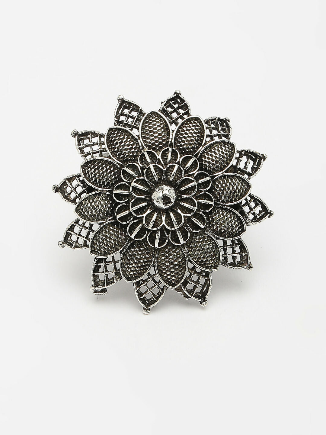 NVR Women's Silver-Toned Floral Shape Adjustable Finger Ring 